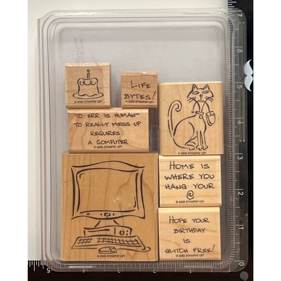 Stampin Up! Computer Quips Wood Mounted Rubber Stamp Set Of 7 105256 cat & mouse - Picture 1 of 5